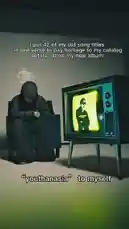 In a moody, retro-styled room, artist Jez Dior sits in a vintage armchair, reflecting on his past work. As he speaks, a classic television set beside him displays a montage of clips and text, visually representing the lyrics of a new song he claims contains 42 of his old song titles. This introspective piece offers a behind-the-scenes look at his creative process and pays tribute to his musical catalog. by @jezdior with Original Sound by jezdior