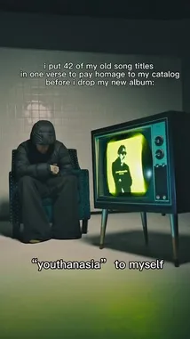 In a moody, retro-styled room, artist Jez Dior sits in a vintage armchair, reflecting on his past work. As he speaks, a classic television set beside him displays a montage of clips and text, visually representing the lyrics of a new song he claims contains 42 of his old song titles. This introspective piece offers a behind-the-scenes look at his creative process and pays tribute to his musical catalog. by @jezdior with Original Sound by jezdior