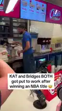 In a surprising turn of events, NBA champions KAT and Bridges are seen working regular jobs after their championship victory. The video shows them serving food at Cane's Seafood and interacting with customers at a retail store checkout counter, highlighting a relatable side of life after sports glory. by @yahoosports with Original Sound by yahoosports