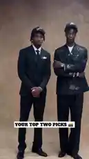 In a behind-the-scenes moment, two tall athletes, dressed in sharp black suits and caps, stand side-by-side against a neutral backdrop. They make coordinated hand gestures, smiling for the camera in what appears to be a photoshoot or promotional event. by @nba with Original Sound by nba
