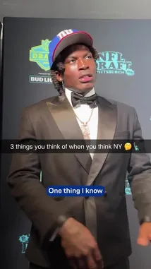A young man, identified as a New York Giants player, shares his excitement about visiting iconic New York City landmarks like the Empire State Building and the Statue of Liberty during the NFL Draft event. He discusses his first-time experiences in the city, providing a personal glimpse into the life of a new NFL player. by @newyorkgiants with newyorkgiants by Original Sound