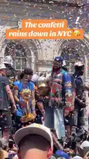 Witness the electric atmosphere as the New York Knicks celebrate their championship victory in a massive parade through the streets of NYC. Players carry the Larry O'Brien Trophy amidst a downpour of blue and orange confetti, surrounded by ecstatic fans. This is the ultimate sports celebration. by @yahoosports with Original Sound by yahoosports