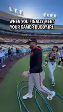 In a heartwarming real-life moment, an SFGiants fan meets his favorite player, Luis Arraez, after connecting online as gaming buddies. The fan, wearing a Giants jersey, shares their shared passion for competitive FPS games before being surprised by the player himself. They embrace, pose for photos, and celebrate their newfound friendship made in the game lobby and now in person. by @sfgiants with Original Sound by sfgiants