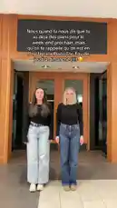 Two young women, identified as KaseMe, stand in front of a building entrance, dancing and lip-syncing to a French text overlay that reads, 'Us when you tell us you already have plans for the weekend, but then we remind you that there's a pop-up at Place Ste-Foy from Thursday to Sunday.' The scene captures a relatable moment of social life disruption, set to dramatic music. von @kasemedesign mit kasemedesign von Original Sound