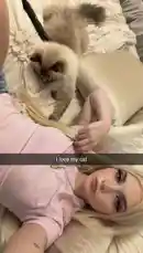 In this intimate and relaxed clip, Chlo is seen lying on her bed, playfully interacting with her fluffy cat. The cozy setting features soft bedding and pillows, creating a warm atmosphere. Chlo gently holds a piece of her long blonde hair while the cat curiously nibbles on it, showcasing their close bond. The scene captures a candid moment of everyday life, highlighting the simple joys of pet companionship. by @lmao with Original Sound by lmao