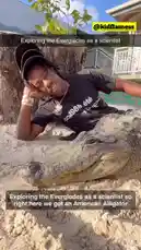 A man lies on the sand next to a large alligator in the Everglades, pretending to be a scientist. He explains that during the dry season, alligators dig holes that help sustain fish turtles and other wildlife. The man jokes that the alligator is 'super cool and cute' and even says he 'matches my grillz.' by @snapcreators with Original Sound by snapcreators