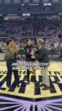 Witness the emotional moment as Janelle Salaün receives her Kia GPOY trophy during a special ceremony on the basketball court. Surrounded by teammates and fans, she accepts the award with pride and gratitude, celebrating her outstanding performance. by @wnba with Original Sound by wnba