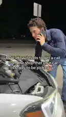 A young man stands next to his car at night with the hood open, talking on the phone. He looks relieved as he receives the call that his vehicle is ready for pickup after repairs. This relatable moment captures the satisfaction of getting your car back on the road. by @horsepwrhills with horsepwrhills by Original Sound