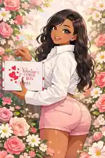 In a vibrant garden setting, Bad Bhiii🥂 holds a 'Valentine's Curve Box' with a cheerful expression. She wears a white button-up shirt and pink shorts, surrounded by blooming roses and daisies. This short-form visual focuses on lifestyle, fashion, and product reveal, ideal for engagement-driven platforms. by @eboggar1 with original sound