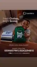 A young boy proudly holds a green Launderra laundry bag next to a stack of fresh clothes, smiling brightly. The ad promotes 'Effortless Laundry: Anytime, Anywhere' with contact details for pickup. This short-form content features clear branding and a positive message to attract customers seeking convenient laundry solutions. by @launderra with Ototrobonsu nyankropon by Jesuschrist