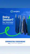 This static advertisement promotes Launderra, a new laundry service. Against a backdrop of a rainy blue sky, clothes hang on a line, symbolizing clean laundry even during wet weather. The ad's central message, 'Rainy Season? No Wahala!', assures customers that their laundry needs are met. It provides contact numbers and social media handles for Launderra, positioning it as a convenient solution for busy individuals. by @launderra with Nsuo b3 t) 😂 by Yesuba
