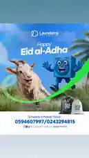 This promotional image from Launderra celebrates Eid al-Adha with a festive theme. It features a joyful goat, symbolizing the holiday's significance, alongside Launderra's friendly blue robot mascot. The ad encourages customers to schedule a laundry pickup today using the provided phone numbers. The vibrant design and clear call to action aim to attract business during the holiday season. by @launderra with Ang3 😂😂 by PATAPAA😂😂