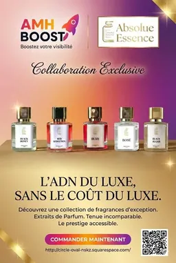 This promotional video announces a collaboration between Amh Boost and Absolue Essence, showcasing a new collection of five luxury fragrances. The ad features elegant bottle designs against a vibrant gradient background with French text highlighting 'L'Adn du Luxe, Sans le Coût du Luxe,' meaning 'The DNA of Luxury, Without the Cost of Luxury.' A call to action encourages viewers to order now via a provided URL. by @amh-boost with original sound
