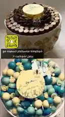 A close-up showcase of elegant chocolate arrangements by Brown Chocolate. The video highlights a sophisticated chocolate centerpiece with a circular design and another vibrant arrangement featuring blue and cream-colored chocolates. Both feature custom branded labels with Arabic text and floral motifs. A Snapchat QR code overlay promotes direct engagement with the brand. by @ch11.30 with original sound
