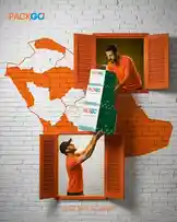 This creative ad for PACKGO uses surreal imagery to showcase its delivery network. A man in an orange shirt hands packages through open shutters in a brick wall, which is shaped like a map of Saudi Arabia. Another worker below receives the packages, visually representing seamless, nationwide service. The Arabic text 'نُطبّق لك النَّصْدَ الحُجُود' translates to 'We deliver your goods to you.' This visual metaphor effectively communicates speed and coverage. by @packgo_sa with original sound