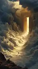 This cinematic and surreal video captures a lone figure walking across a vast, golden sea of clouds towards an ancient stone gate suspended in the sky. The gate emits a brilliant, ethereal light, suggesting a passage to another realm. The dramatic interplay of light and shadow, combined with the majestic scale of the scene, creates a powerful sense of awe and mystery. by @om-5p with Original Sound by om-5p