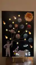 Watch this step-by-step craft tutorial where a stunning solar system artwork comes to life with glowing lights. Perfect for kids' science projects or home decor, this creative space-themed display features planets, stars, an astronaut, and a rocket, all illuminated to create a magical night sky effect. by @r200an with original sound
