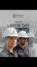 This promotional image from Ouda Developments features three of its team members—two men and one woman—in professional attire, including branded hard hats and polo shirts, set against a construction site backdrop. The text 'HAPPY LABOR DAY' is prominently displayed, along with the company logo and website, indicating a corporate tribute to its workforce. by @ouda_dev with antipathy (Super Slowed) by Irokz