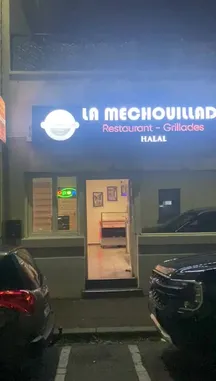 A nighttime view of La Mechouillade Restaurant, a Halal eatery specializing in grillades. The bright blue sign and open door invite patrons into the warmly lit interior, showcasing a modern dining space. This glimpse offers insight into the restaurant's ambiance and appeal. by @amh-boost with amh-boost by Original Sound