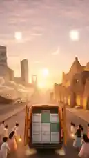 This vibrant video captures the joyous spirit of Eid Al Fitr in Saudi Arabia. An orange PACKGO van drives down a modern highway at sunset, flanked by children in traditional attire running alongside, waving lanterns. The backdrop features the iconic skyline of Riyadh, including the Kingdom Tower, as fireworks light up the sky. Arabic text overlays convey festive greetings like 'Eid Mubarak' and 'May your year be blessed,' celebrating the end of Ramadan. It's a dynamic visual tribute to cultural tradition and modern life. by @packgo_sa with Original Sound by Contains: أبشروا عاد العيد - محمود الشيتاني Mahmoud El Shitany