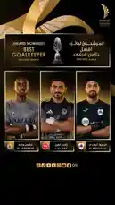 This promotional graphic reveals the three finalists for the Qatar Stars League (QSL) 'Best Goalkeeper' award for the 2025/2026 season. The nominees are M. Barsham, J. Al Hail, and M. Abunada, each shown with their club jerseys and names displayed below their portraits against a sleek black and gold background. by @qsl with original sound