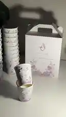 Watch a beautifully styled flat lay of personalized wedding cups and a matching gift box. This setup, featuring elegant purple floral designs and Arabic calligraphy, highlights custom party supplies perfect for celebrations like weddings and engagements. by @r200an with original sound