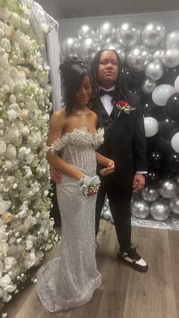 silver prom dress couple Silver suit prom