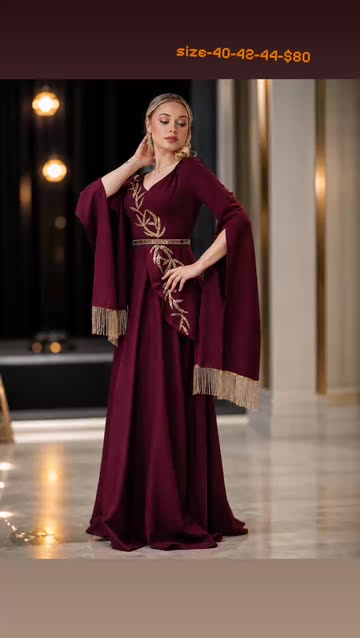 Mila Boutique's Elegant Burgundy Gown with Gold Embroidery &